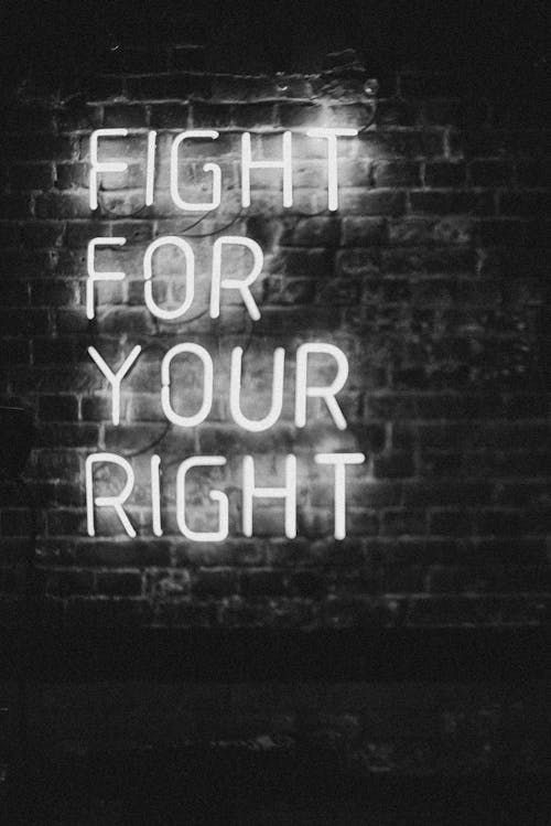 Free Monochrome neon sign on brick wall with slogan 'Fight for Your Right.' Perfect for motivation and urban themes. Stock Photo